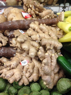 Ginger is the thing that looks like a tree root. Just break off a piece.